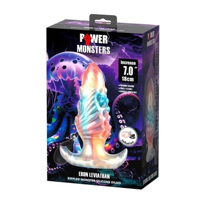 Embalagem do dildo Ebon Leviathan em silicone iridescente com textura ondulada e base em fundo preto com tentáculos de polvo