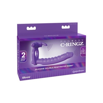 Brinquedo erótico roxo em embalagem roxa com texto branco e roxo, design 3-em-1.