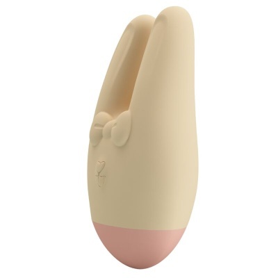 Vibrador em silicone cor bege com base rosa e formato anatómico
