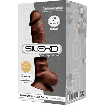 Dildo de silicone castanho e embalagem cinza com texto