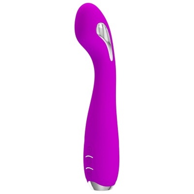Vibrador roxo com botão prateado e formato curvado