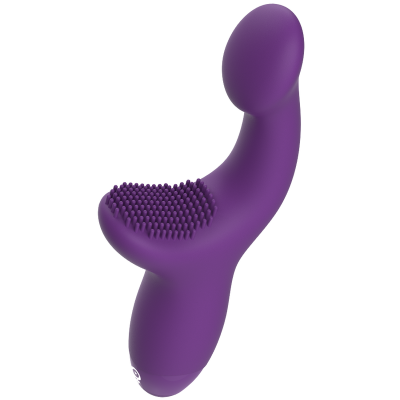 Vibrador roxo de silicone com textura em relevo e forma curvada