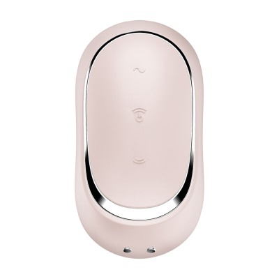 Dispositivo eletrónico oval rosa claro com detalhes prateados