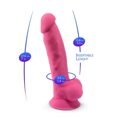 Dildo rosa silicone com ventosa e medidas em cm e polegadas