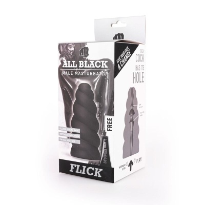 Embalagem de masturbador masculino ALL BLACK FLICK em preto com textura ondulada