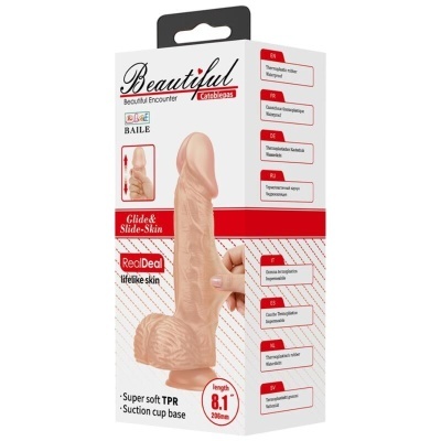 Caixa branca com dildo realista em destaque e texto informativo em vermelho e preto