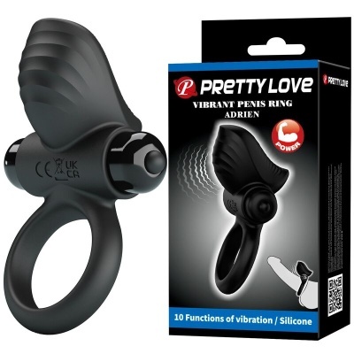 Anel vibratório preto em silicone com bullet e embalagem preta.