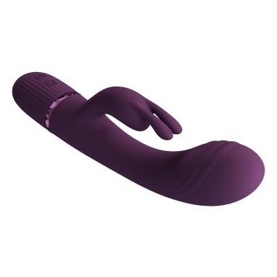 Vibrador roxo em silicone com duas pontas e botões na base