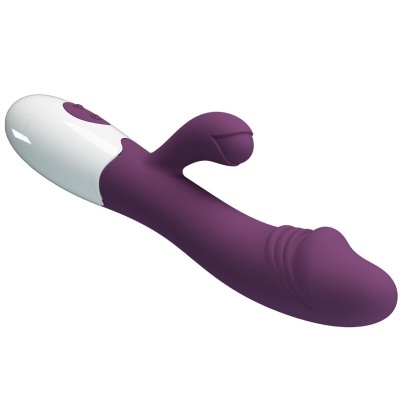 Vibrador roxo e branco com botão de controlo