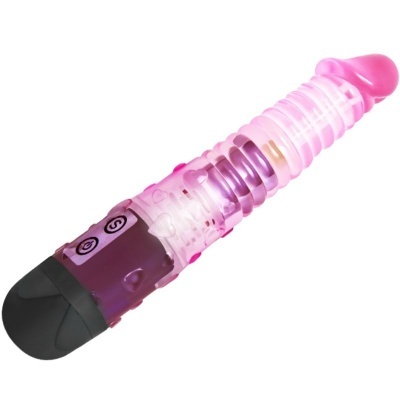 Vibrador rosa translúcido com textura e botões pretos.