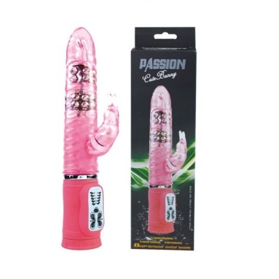 Vibrador rosa translúcido com controle e embalagem preta com a marca PASSION Cute Bunny