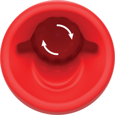 Tampa vermelha de plástico com setas brancas indicando rotação