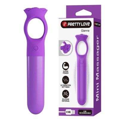 Massageador mini roxo em silicone com cabeça em forma de flor e embalagem com texto