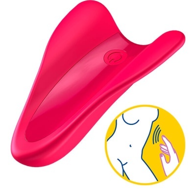 Dispositivo vermelho de silicone anatómico com ilustração de uso corporal