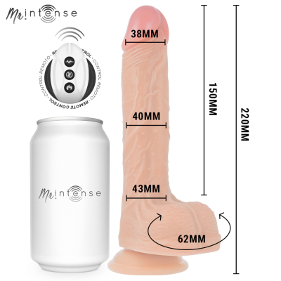 Dildo anatómico cor pele com controlo remoto e lata branca com texto Mr!ntense e medidas em milímetros