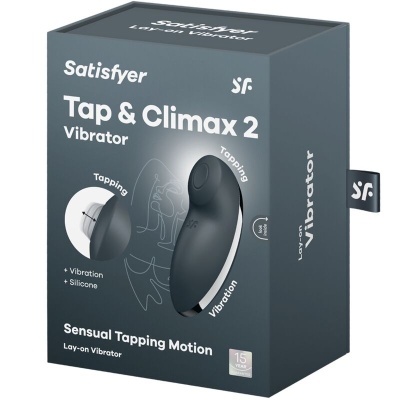 Embalagem do vibrador Satisfyer Tap & Climax 2 em cinza escuro com texto branco