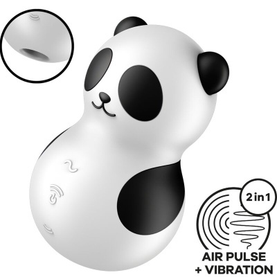 Dispositivo em forma de panda preto e branco com texto 2in1 AIR PULSE + VIBRATION