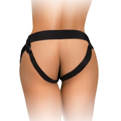 Arnês preto ajustável em fita elástica na cintura e glúteos, vista traseira.