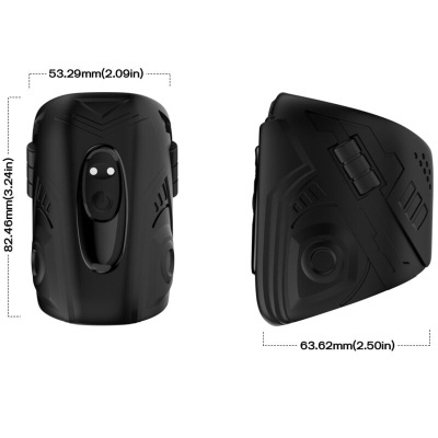 Dispositivo eletrônico preto com medidas em mm e polegadas