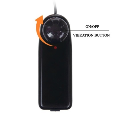 Comando remoto preto com botão redondo, indicador vermelho e texto ON/OFF e VIBRATION BUTTON