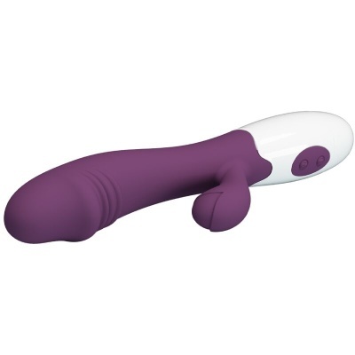 Vibrador roxo com base branca e botões de controlo