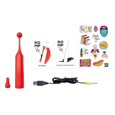 dispositivo vermelho, manuais ROMP Pop, cabo USB e adesivos coloridos