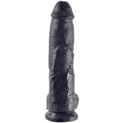 dildo preto com textura realista e base circular com texto