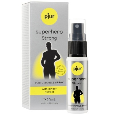 Spray desempenho pjura superhero Strong com extrato de gengibre e embalagem cinza