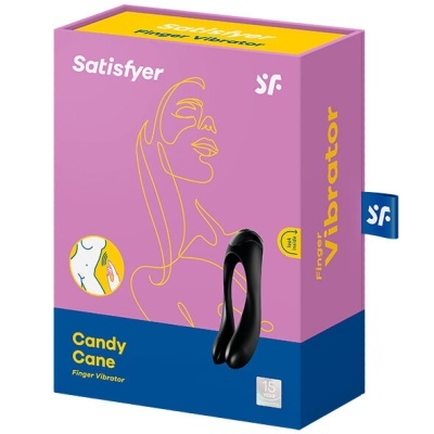 Embalagem do vibrator de dedo Satisfyer Candy Cane, roxo e azul com texto e ilustração amarela