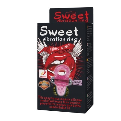 Embalagem preta do anel vibratório Sweet vibration ring com imagem de boca vermelha e anel rosa