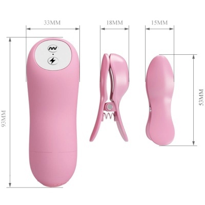 Dispositivo rosa com dimensões e botão branco com ícones na parte superior
