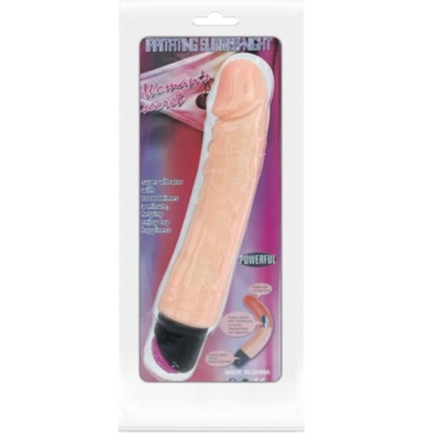 Vibrador realista de cor pele com base preta em embalagem transparente
