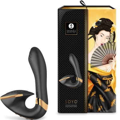 Vibrador preto com detalhes dourados e embalagem com ilustração de mulher a segurar leque.