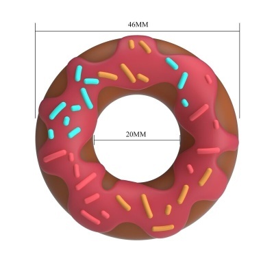 Donut com cobertura rosa e granulado colorido em fundo branco, dimensões 46MM e 20MM