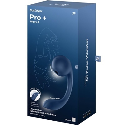 Embalagem do vibrador Satisfyer Pro + Wave 4, azul com imagem do produto e texto branco