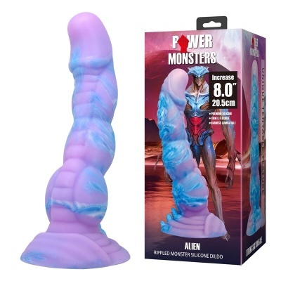 Dildo lilás e azul ondulado com embalagem de monstro alienígena