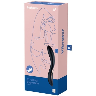 Embalagem rosa e azul com vibrador preto curvado e desenho de linhas contínuas