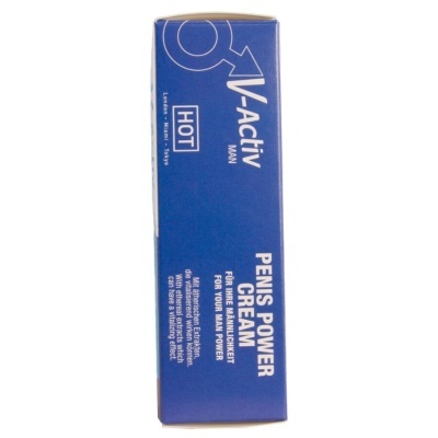 Embalagem azul de creme V-Activ MAN com texto em branco e azul