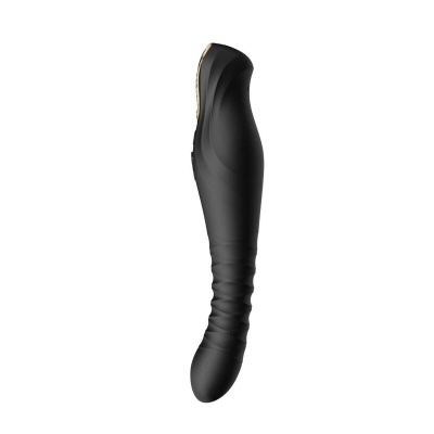 Vibrador preto com textura lisa e ranhuras curvo