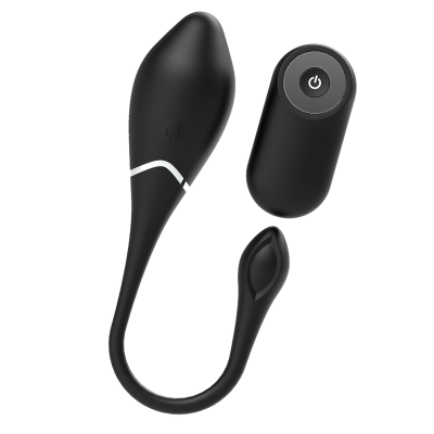 Aparelho preto com duas extremidades e comando remoto preto com botão de ligar/desligar