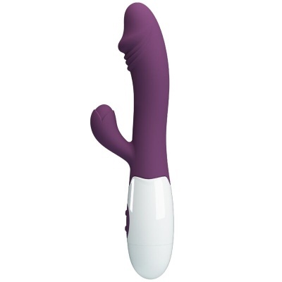 Vibrador roxo com base branca, formato anatómico com extensão para estimulação adicional