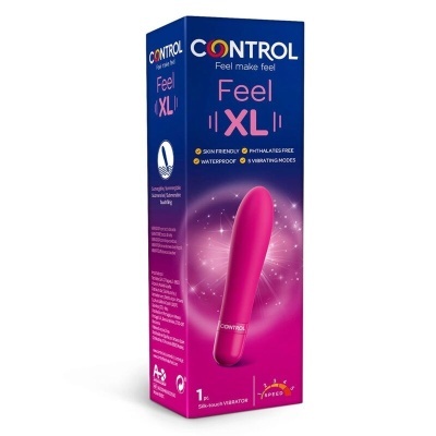 Embalagem de vibrador rosa Control Feel XL com texto e ícones