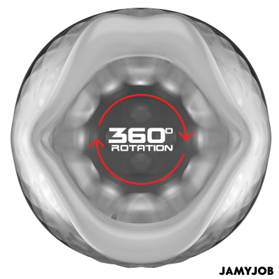 Objeto translúcido cilíndrico com texto 360° ROTATION e logo JAMYJOB