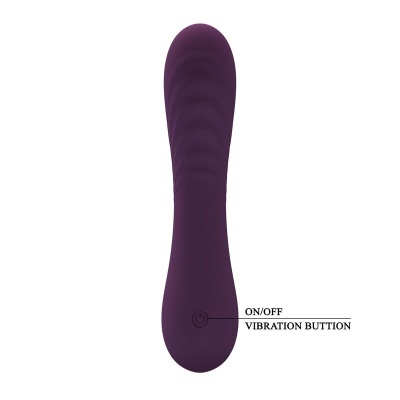 Vibrador roxo com botão de ligar/desligar e texto explicativo