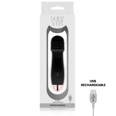 Embalagem branca com objeto preto visível, texto USB RECHARGEABLE