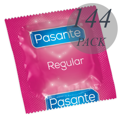 Embalagem rosa de preservativo Pasante Regular com texto azul e branco e indicação '144 PACK'