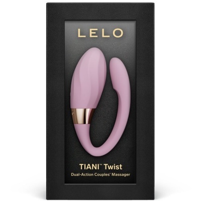 Massajador TIANI Twist rosa claro e dourado na caixa preta da LELO