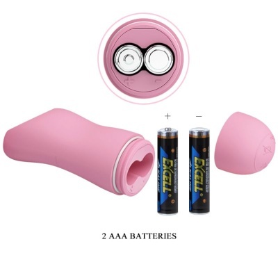 Dispositivo rosa portátil aberto com 2 pilhas AAA Excell e texto 2 AAA BATTERIES