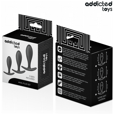 Caixa preta de set de plugs anais addicted toys com três tamanhos e texto impresso