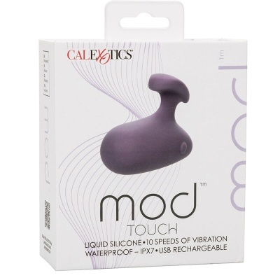 Embalagem de vibrador roxo Mod Touch da CalExotics com especificações impressas